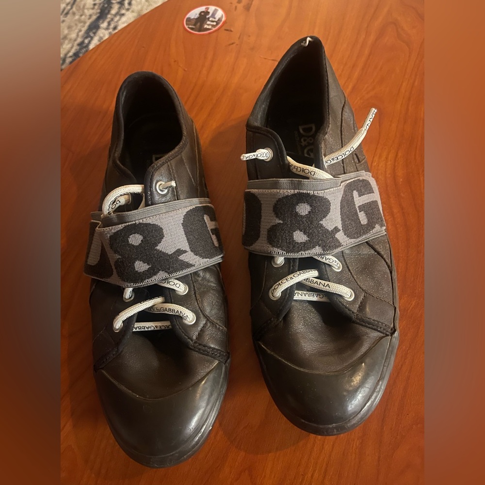 D&G Men’s Black Leather Logo Strap Sneakers